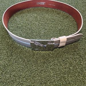 NWOT Mens Puma Leather Golf Belt Size L 100cm White Black Blue Stripes Fowler